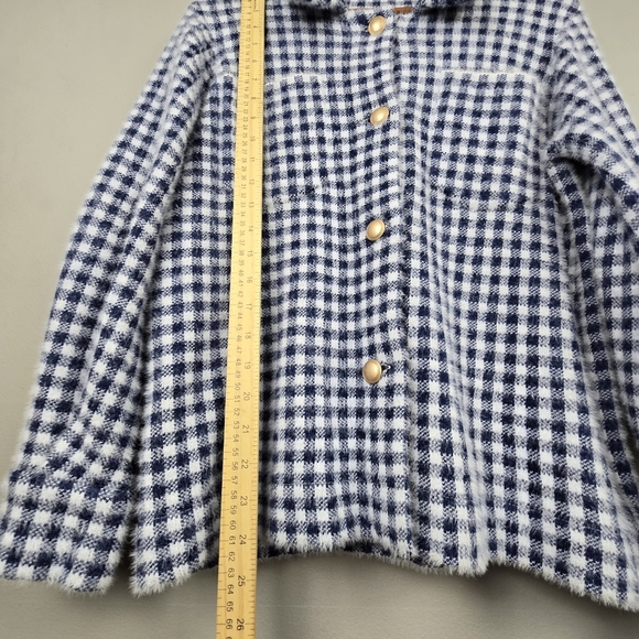MAX STUDIO Fuzzy Cardigan Sweater Blue White Gingham Womens Size M Old Money - Picture 11 of 11